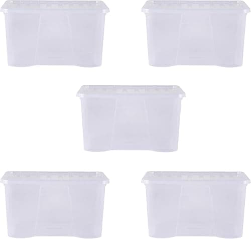 Image of Wham Crystal Plastic Storage Boxes With Lids Home Office Stackable Nestable Container Box, 60L Easy fit Underbed Protective Storage Box, 60 x 40 x 33 cm - Tint Clear (Set of 5)