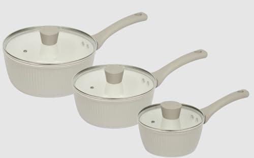 Image of Haden Ribbed 3 Piece Saucepan Set, Putty Exterior, Ceramic Non-Stick Interior, Glass Lid, Induction Compatible 16 18 & 20 CM Saucepans