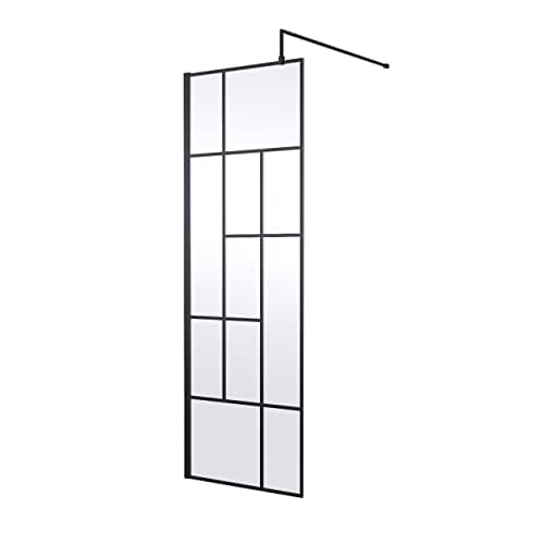 Image of Hudson Reed WRSFB070 Abstract Modern Bathroom 'Shower Shield' Coated Framed Wall Fixed 8mm Toughened Safety Glass Wetroom Screen with Support Arm, 700mm, Matt Black