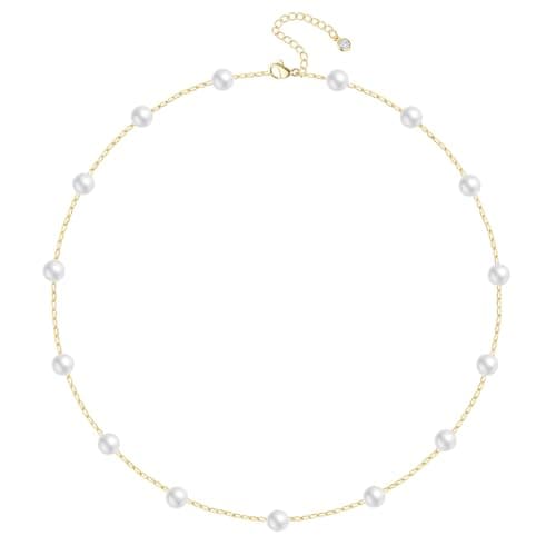 Image of FUNEIA Dainty Pearl Necklace for Women 14K Gold Plated Faux Pearl Choker Necklaces Trendy White Silver Small Pearl Necklace Strand Wedding Prom Bridal Pearls Jewelry 14/16/18/20 Inches, 14-16.7 inches