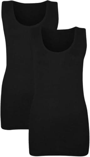 Image of COSHAL® 2 Womens Vest Plain Women Summer Ribbed Vest's Stretchy Top Ladies Casual Sleeveless Cotton Shirt Camisole T-Shirt Style Vest' Muscle Gym Sports Rib Cami Long Vests Tank Top 20 Black
