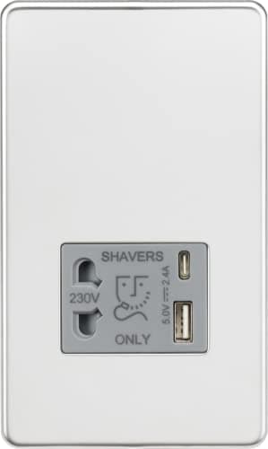 Image of Knightsbridge Screwless Shaver socket with dual USB A+C (5V DC 2.4A shared) - polished chrome with grey insert