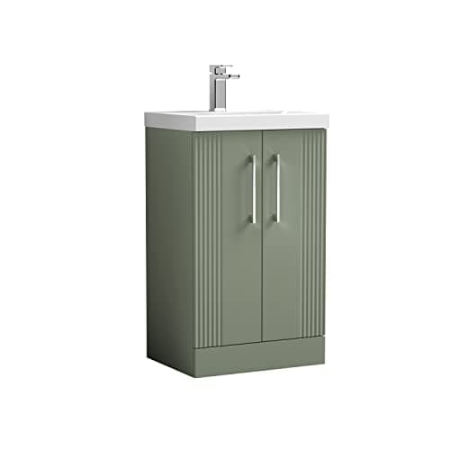 Image of nuie DPF823A Deco Modern Bathroom Floor Standing 2 Door Part Fluted Vanity Unit with Mid-Edge Ceramic Basin, Satin Green