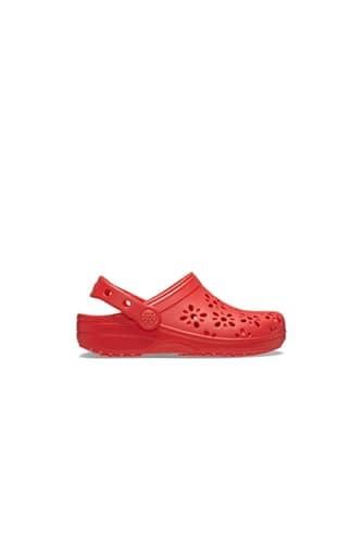 Image of Crocs Unisex-Child Classic Clogs with Floral Cut Out Design, Kids and Toddler Shoes, Cherry Red, 9 UK Child