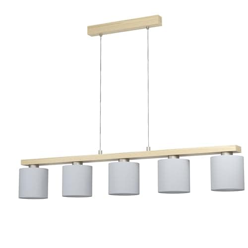 Image of Eglo Pendant Lighting Castralvo, 5 Light Hanging lamp, Ceiling Light Fixture Made of White Fabric, Silver Metal and Natural Wood, Dining Table lamp FSC Certified, E27 Socket