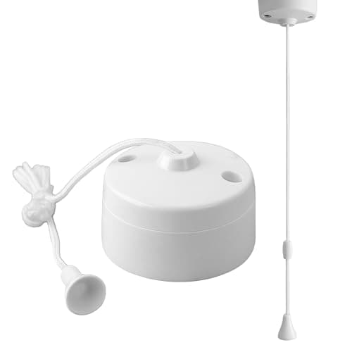 Image of 2 Way Ceiling Pull Switch – White Raised Rounded Plastic Light Switch, 6A 240V Rated, Ceiling Mounted Pull Cord Switch for Bathroom, Utility Room & Cloakroom Use (1 Pack)