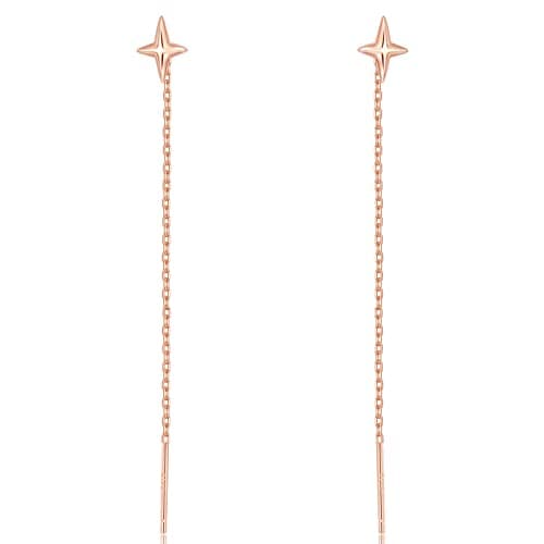 Image of Cute Star Pull Through Earrings 925 Sterling Silver Rose Gold Plated for Women Cubic Zirconia Tassel Chain Threader Dangle Earrings 70mm