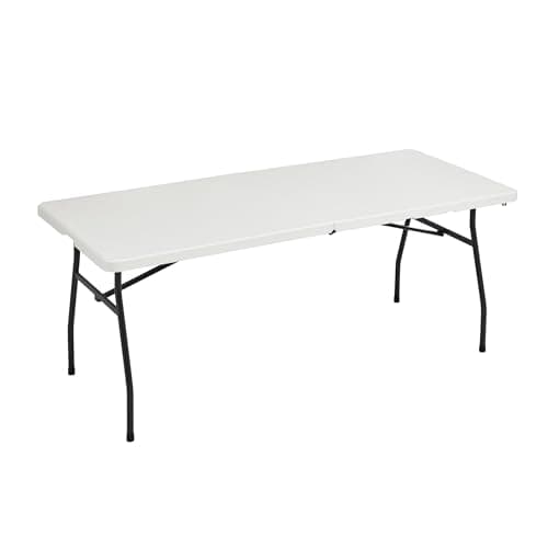 Image of Amazon Basics 6 Foot Rectangular Folding Table with Carrying Handle, Indoor & Outdoor, Portable, Lightweight, Travel Table, Picnic, Camping, White, 182 x 75 x 73 cm