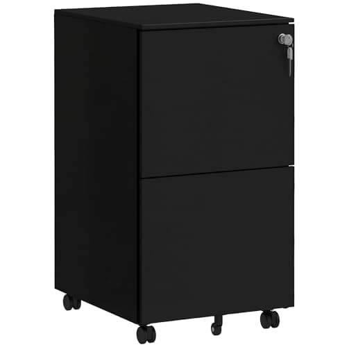 Image of Vinsetto 2-Drawer Filing Cabinet with Lock and 5 Wheels, Steel Mobile File Cabinet, for A4, Legal and Letter Size, Pre-Assembled Body, Black
