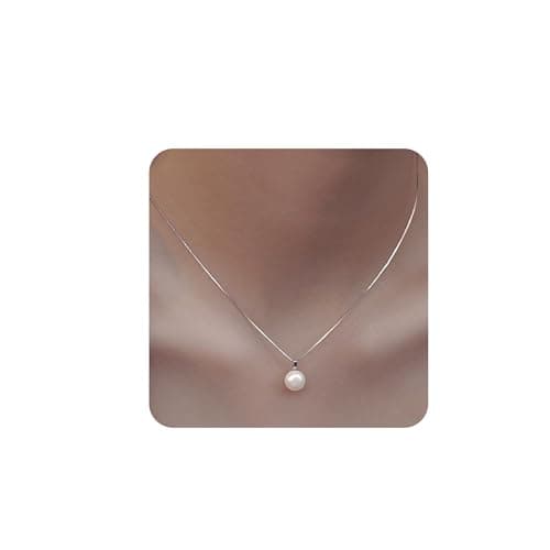 Image of SEFORICO Silver Necklaces for Women - Pearl Pendant Necklace for Her Sister Girlfriend Girls Birthday Presents Choker Necklaces for Women Dainty Jewelry Tiny Necklace 42+5cm (7mm)