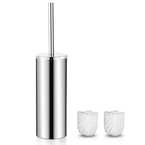 Image of GRICOL Toilet Brushes & Holders Stainless Steel Toilet Brushes with 2 Brush Heads for Bathroom Cleaning Rustproof Chrome Silver