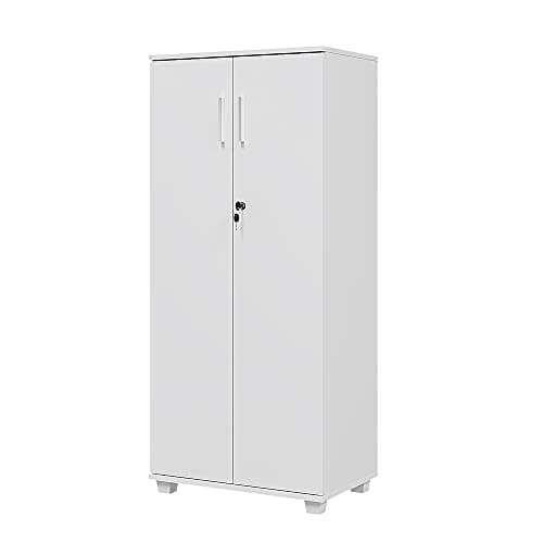 Image of Panana Office Wood Storage Cabinet, 2 Door Engineered Wood Cupboard Tall White Slim Cabinet With Lock Bookcase Filing Cabinet For Family Office (White)