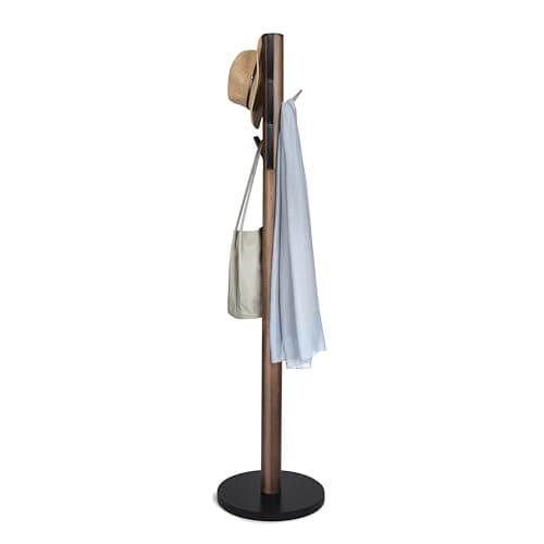 Image of Umbra Flapper Coat Rack, Clothing Hanger, Umbrella Holder, and Hat Organizer, Great for Entryway, Black/Walnut