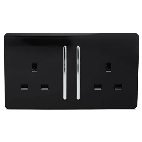 Image of Trendi 2 Gang Raised Artistic Modern Glossy Screwless 13 Amp Single Pole with Chrome Switched UK Standard Electrical Double Wall Plug Socket in Piano Black - ART-SKT213LBK