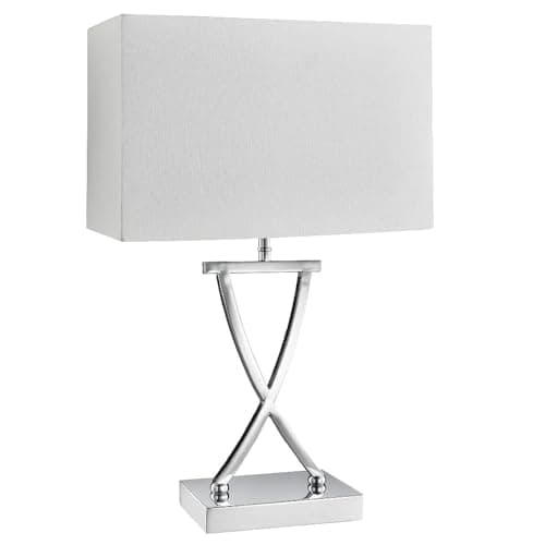 Image of Polished Chrome Metal Vintage Curved Cross Stem Table Desk Lamp with White Faux Silk Rectangular Shade | 49cm Height | 1 x SES E14 Lamp Bulb Required | UK Approved | Inline Switch | Modern Influence