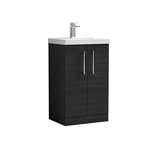 Image of nuie Modern Bathroom Floor Standing 2 Door Vanity Unit with Mid-Edge Ceramic Basin, Woodgrain Charcoal Black, 600mm