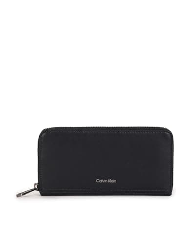 Image of Calvin Klein Leather Purse Duo Stitch Long Zip Around Wallet CK Black