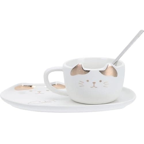 Image of Huiyiwert Porcelain Espresso Cup Set Cute Cat Coffee Cup with Saucer and Spoon 200 ml Cappuccino Cup Gift for Cat Lovers Birthday Mother's Day (White)