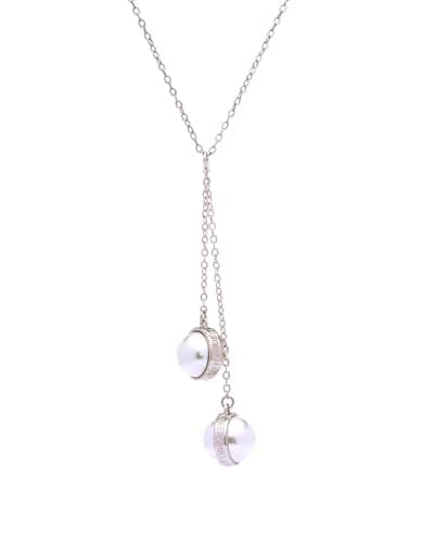 Image of Karen Millen Logo Pearl Double Drop Necklace for Women (Silver/Pearl)