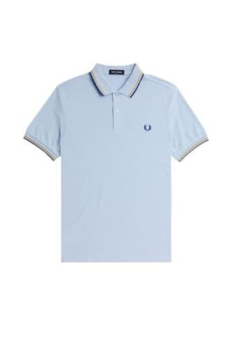 Image of Fred Perry Mens M3600 Plain Polo Shirt 100% Cotton in Light Smoke Blue Tipped with Shaded Ocean Blue & Honey Size XXXL