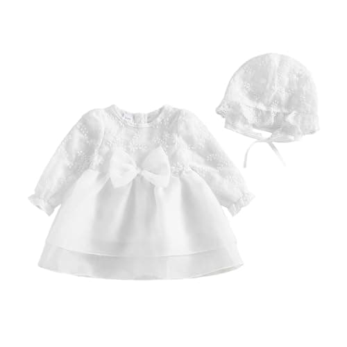 Image of XIXIMAON Newborn Christening Dresses For Baby Girl Big Bow Decor Flower Embroidery Long Sleeve Tulle Tutu Dress Bonnet Outfit Toddler Girl Baptism Dress Wedding Clothes (White, 0-3 Months)