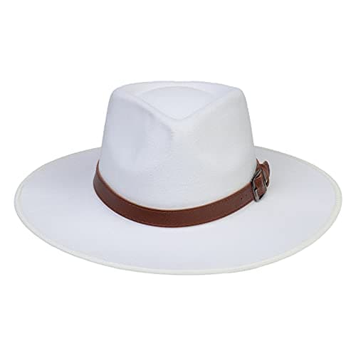 Image of JK Home Wide Brim Fedora Hat - Wool Felt Panama Cap - One Size Unisex Women Men - Brown Leather Buckle Band