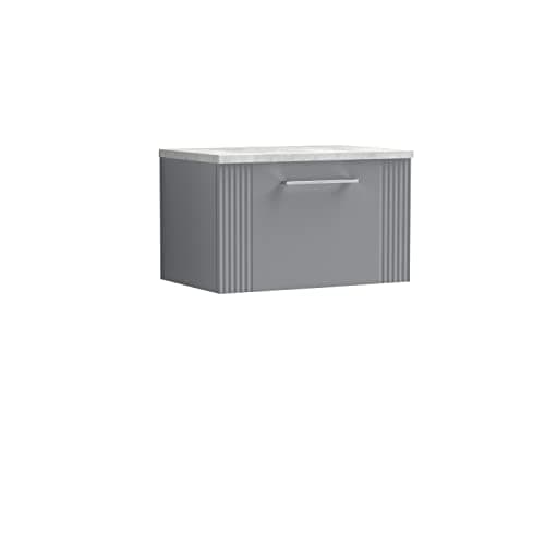 Image of nuie DPF294LBG Deco Modern Bathroom Wall Hung 1 Drawer Part Fluted Vanity Basin Unit with Laminate Bellato Grey Worktop, 600mm, Satin Grey