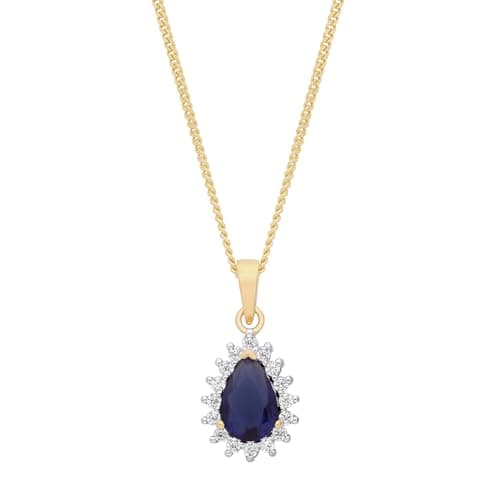 Image of Old English Jewellers 9ct Yellow Gold on Silver Blue Sapphire & CZ Teardrop Pear Cluster Pendant Necklace 16" 18" 20" Chain Option (20)