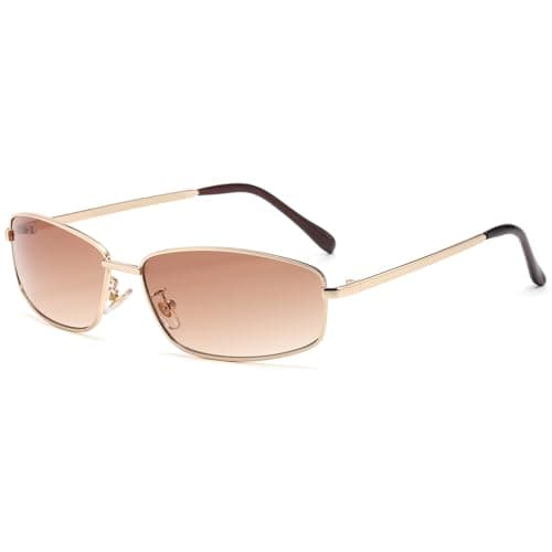 Image of Long Keeper Trendy Wrap Style Y2K Metal Sunglasses for Women Men Small Rectangle Tinted Sunglasses Full Rim Cool 2000s Y2K Fashion Shades Anti-UV400 (Gold Frame - Brown Gradient Lens)
