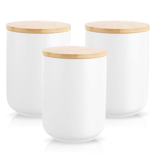 Image of AKOLAFE 3PCS Tea Coffee Sugar Canisters Ceramic 800ml Retro Storage Jar Set with Bamboo Lids, White Kitchen Canisters for Coffee, Tea, Sugar, Spice (10.3 x 14.5 cm)
