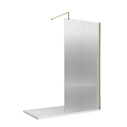 Image of nuie WRFL18510BB Fluted Modern Bathroom 8mm Toughened Safety Glass Wetroom Screen with Bar, 1000mm, Brushed Brass