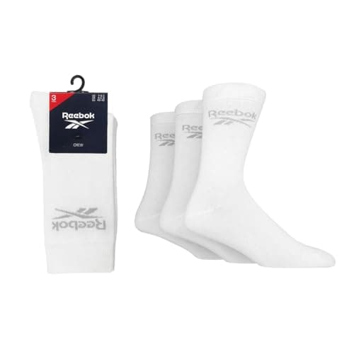 Image of Reebok Unisex 'Core' Crew Socks - Mens and Ladies, Regular Calf Length Socks, Soft Cotton with Seamless Toes 3 Pair Multipack Size Range of UK 2.5-12.5 White 6.5-8