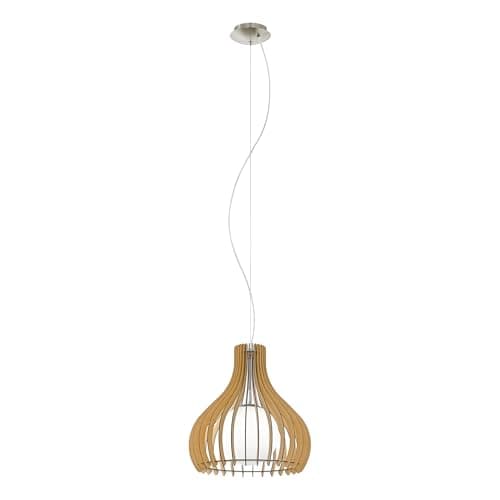 Image of Eglo Pendant Lighting Tindori, Vintage Ceiling Light Fitting Made of Steel, Wood and Glass in Nickel matt, Maple and White, Hanging lamp for Dining and Living Room, E27 Socket, Ø 20 inches