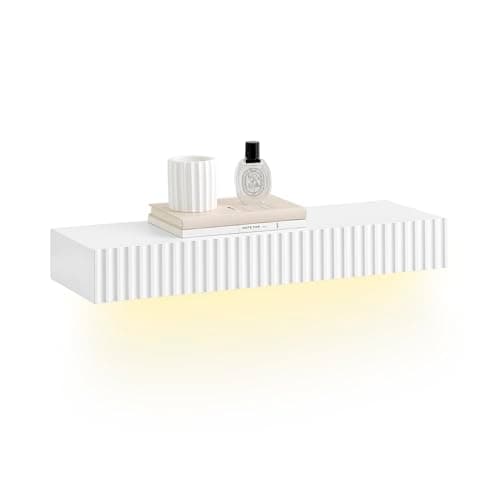 Image of SoBuy Floating Shelf with Drawer & LED Motion Sensor Light, Floating Bedside Table with Light, Wall shelf for Bedroom, Living Room, Battery-Powered, Wooden, W60 x D20 x H8cm, White, FHK38-W