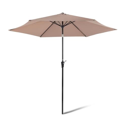 Image of Amazon Basics Garden Parasol, Patio Umbrella with Crank Lift Push-Button Tilt, Aluminium Pole Steel Ribs, 2.7m, Tan