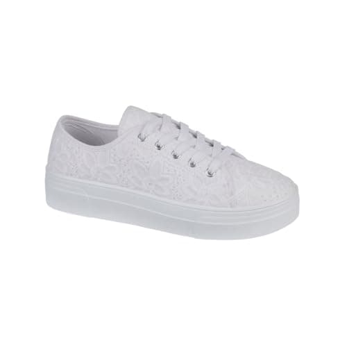 Image of Ladies Canvas Trainers Floral Embroidered Womens Platform Lace Up Sneakers Shoes (White, UK Footwear Size System, Adult, Women, Numeric, Medium, 6)