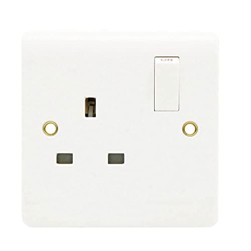 Image of 13A 1 Gang Double Pole Switch Socket - White Square Round Edge Electric Switched Socket - Double Pole Electrical Outlet with Concealing Screw Fixings Caps