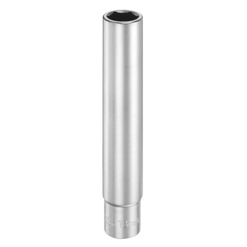 Image of sourcing map 6 Points Deep Socket 3/8" Drive 13mm Deep Metric CR-V Steel Polished Nickel Plating Flip Sleeve 120mm / 4.7" Extra Long Socket Tool for Home Auto Nuts Bolts Repair