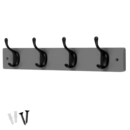 Image of keypak 4 Matte Black Coat Hooks on Grey Wooden 46cm Board - Modern Wall Door Mounted Coat Rack Clothes Hanger