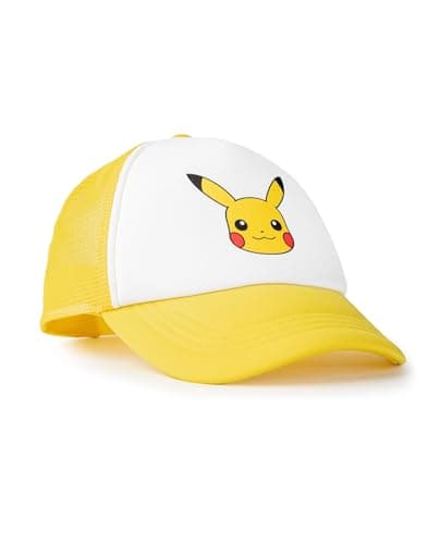Image of Pokémon Pikachu Adjustable Curved Peak Cap in Yellow and White | Unisex Summer Cap with Mesh Back | Casual Sun Protection Hat with Snap Closure | Classic Cartoon Style for Kids