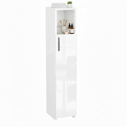 Image of ComfortCove Slim Bathroom Cabinet High Gloss, Tall Bathroom Cabinet, Freestanding Storage Organizer, Space-Saving Organizer for Washroom, Kitchen, Living Room, Gloss White