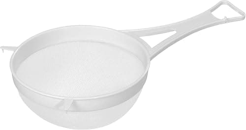 Image of 18cm Wide Nylon Mesh Plastic Strainer in White - White Mesh Kitchen Sifter Plastic Mesh Strainers Sieve with Handle Ideal for Draining, Straining, and Washing Dishwasher Safe.