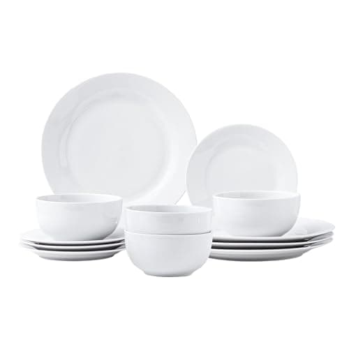 Image of simpa Timeless 12PC Plain White Porcelain Dinner Set: 4 Dinner Plates, 4 Side Plates & 4 Bowls. Dishwasher & Microwave Safe.