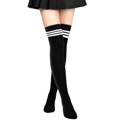 Image of Aomig Over The Knee Thigh High Long Socks - Casual Ladies Girls Boot Socks, White Black Striped 3 Tube Stockings for Daily Wear Cosplay