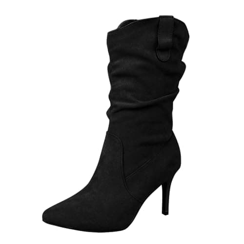 Image of Womens Mid Calf High Heel Boots Stiletto Heel, Women's Suede Slouch Mid Calf Boots Pointed Toe Classic Elegant Stilettos Wide-Calf Pull on Ruched Heel Booties Versatile Dress Party Traveling Footwear