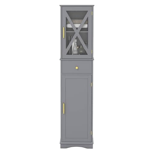 Image of RELAX4LIFE Bathroom Tall Cabinet, Wooden Narrow Storage Cupboard with Drawer, 2 Doors & 3 Adjustable Shelves, Freestanding Slim Bathroom Floor Cabinet Tallboy Unit for Living Room Hallway (Grey)