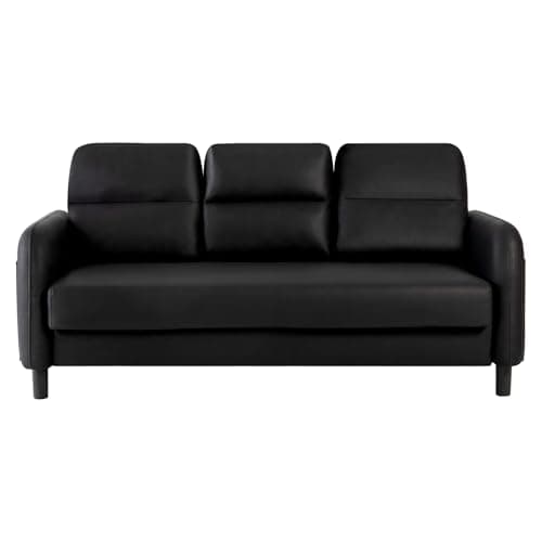 Image of Ikewaier 3 Seater Sofa, Leather Sofa with Cushion & Wooden Legs Foot Pads, Modern Settee Couches for Living Room, Bedroom, Office (Black)