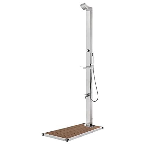 Image of vidaXL Garden Shower - Stainless Steel Outdoor Showering System with Head, Hand Shower and Foot Wash Faucet - Brown Base - 225cm Height - Modern Design & Weather-Resistant Material