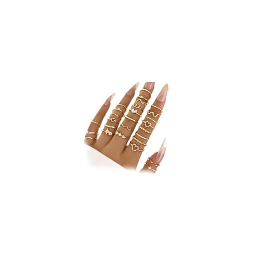 Image of QKEOISUD 28 Piece Gold Ring Set for Women,Waterproof Gold Plated Stackable Statement Rings,Exquisite Alloy Jewelry Gifts for Mothers Daughters Nieces(Gold)
