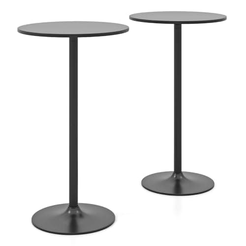 Image of COSTWAY 2-in-1 Bar Table Set of 1/2, 56cm/101cm Height Adjustable Coffee Table with Detachable Pole & Metal Base, 60cm Round Cocktail Dining Table for Dining Room, Restaurant, Kitchen (2, Black)